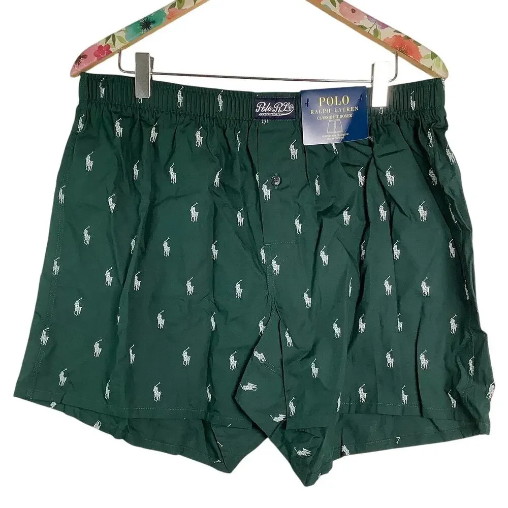 Polo Ralph Lauren Men's XL Green Pony Cotton Woven Boxer Shorts D2-6